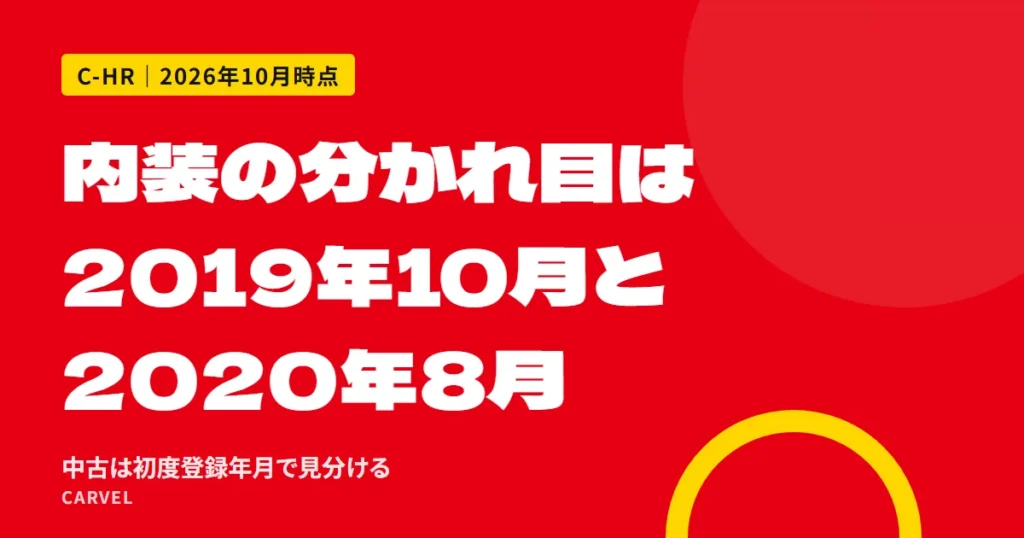 内装の分かれ目は2019年10月と2020年8月（中古は初度登録年月で見分ける）と伝える記事のアイキャッチ。赤い円の上に記事の答えを大きな文字で載せた文字だけのデザイン（2026年10月時点）