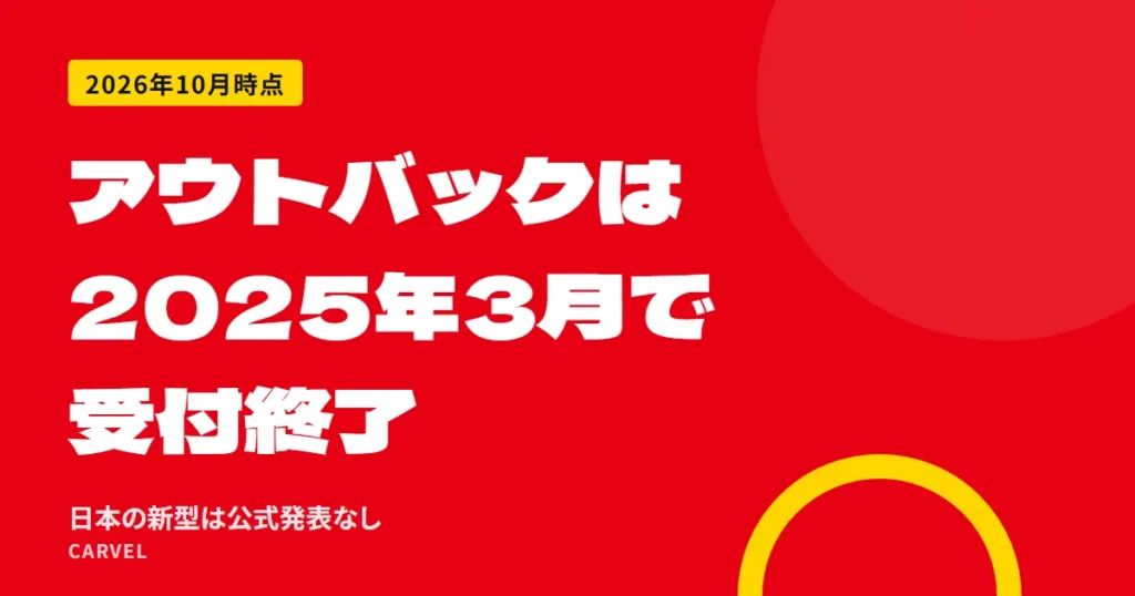 レガシィ アウトバックの日本向けは2025年3月で注文受付を終え、日本の新型はスバルから公式発表がない（2026年10月21日時点）と伝える記事のアイキャッチ。主色の円の地に、記事の答えを文字だけで書いた