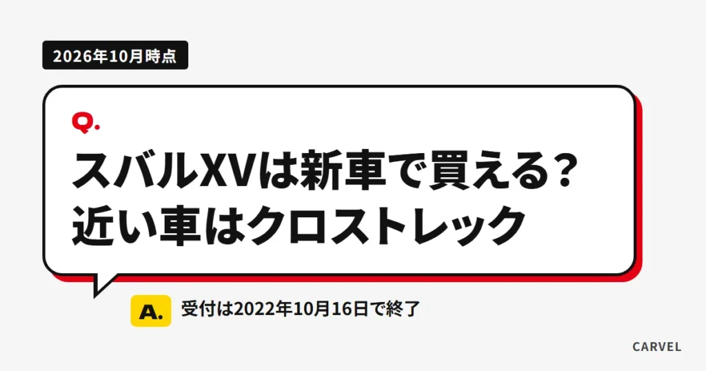 スバルXVの新車は買えるのかを答える記事のアイキャッチ。淡色の地のふきだしに、受付は2022年10月16日で終了、近い車はクロストレックという記事の答えを文字だけで書いた（2026年10月時点）