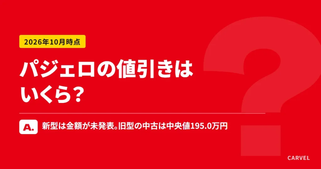 パジェロの値引きはいくらかを問い、新型はグレード別の金額が未発表、旧型の中古の支払総額は中央値195.0万円（2026年10月21日時点）と答える記事のアイキャッチ