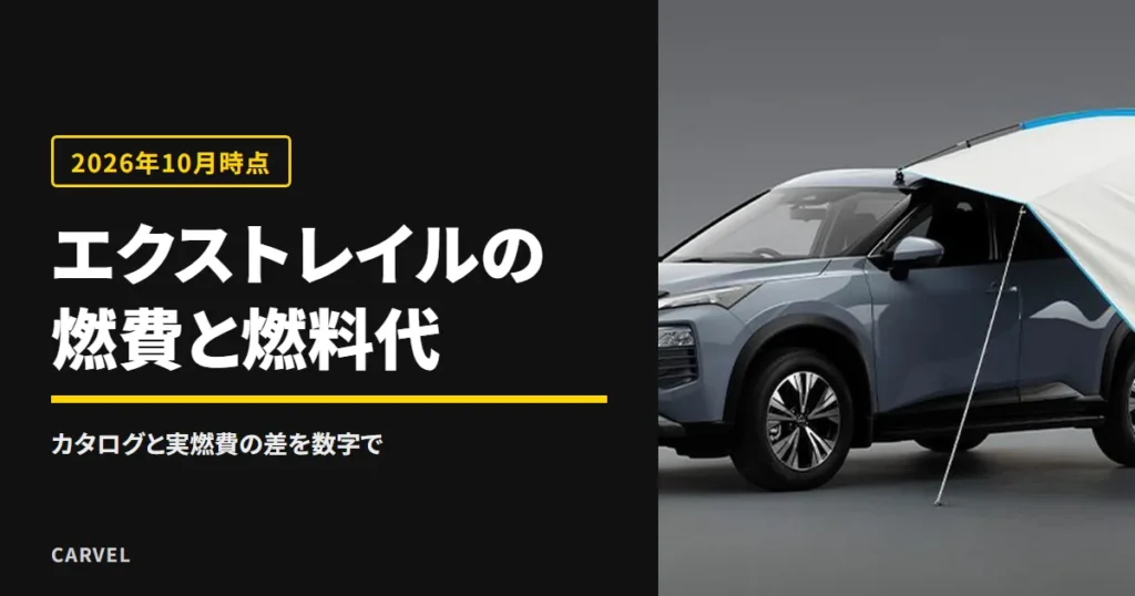 エクストレイルの燃費を、カタログ値と実燃費の目安で確かめる記事のアイキャッチ。灰青色のエクストレイルに純正のカーサイドタープを張った外観写真（日産公式画像）に記事タイトルを重ねた（2026年10月時点）