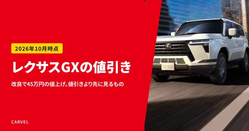 レクサスGXの値引きを整理する記事のアイキャッチ。ビルの間の道を走る白いレクサスGX550の外観写真（レクサス公式画像）に記事タイトルを重ねた（2026年10月時点）