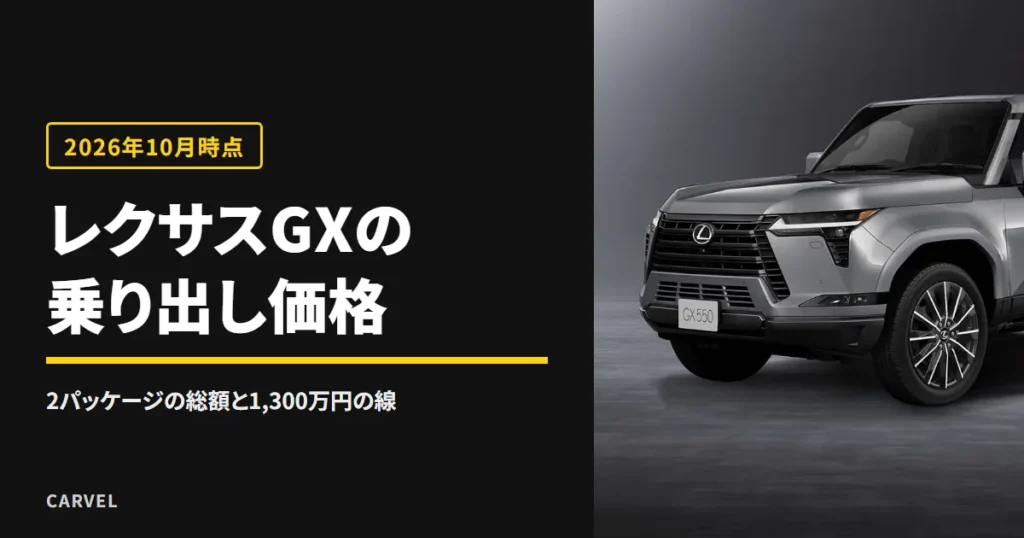 レクサスGXの見積もりと乗り出し価格を、2パッケージの総額と1,300万円の線で確かめる記事のアイキャッチ。暗いスタジオに置いたシルバーのレクサスGX550の外観写真（レクサス公式画像）に記事タイトルを重ねた（2026年10月時点）