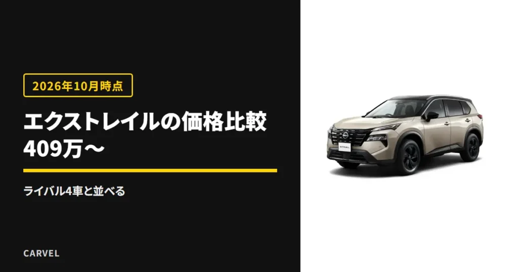 エクストレイルの新車価格と、RAV4・ハリアー・フォレスター・CX-5との価格比較を扱う記事のアイキャッチ。「409万〜」の文字と記事タイトルに、白い背景のベージュのエクストレイルの外観写真（日産公式画像）を重ねた（2026年10月時点）