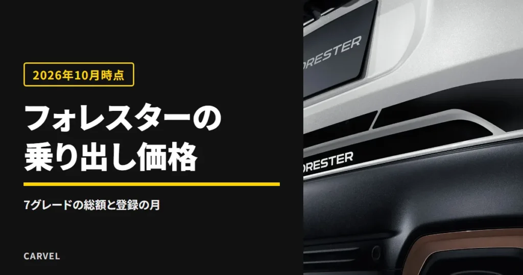 フォレスターの乗り出し価格を、7グレードの総額・登録の月・残クレの月々で確かめる記事のアイキャッチ。白いフォレスターの後ろ側のバンパーまわり（スバル公式画像）に記事タイトルを重ねた（2026年10月時点）