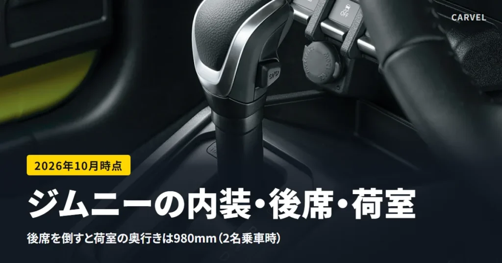 ジムニーの内装・後席・荷室を扱う記事のアイキャッチ。ジムニーのシフトレバーまわりを寄りで写したスズキ公式の写真に、「後席を倒すと荷室の奥行きは980mm（2名乗車時）」の副題を重ねた（2026年10月時点）