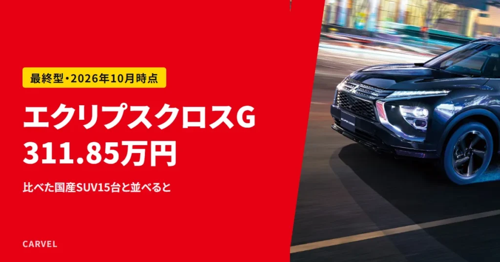 エクリプスクロスの最終型は、ガソリンG 2WDが税込311.85万円で、比べた国産SUV15台と価格とサイズがどう違うかを伝える記事のアイキャッチ。暗い色のエクリプスクロスが夜の街の道を走る三菱公式の写真に記事の答えを重ねた（2026年10月時点）