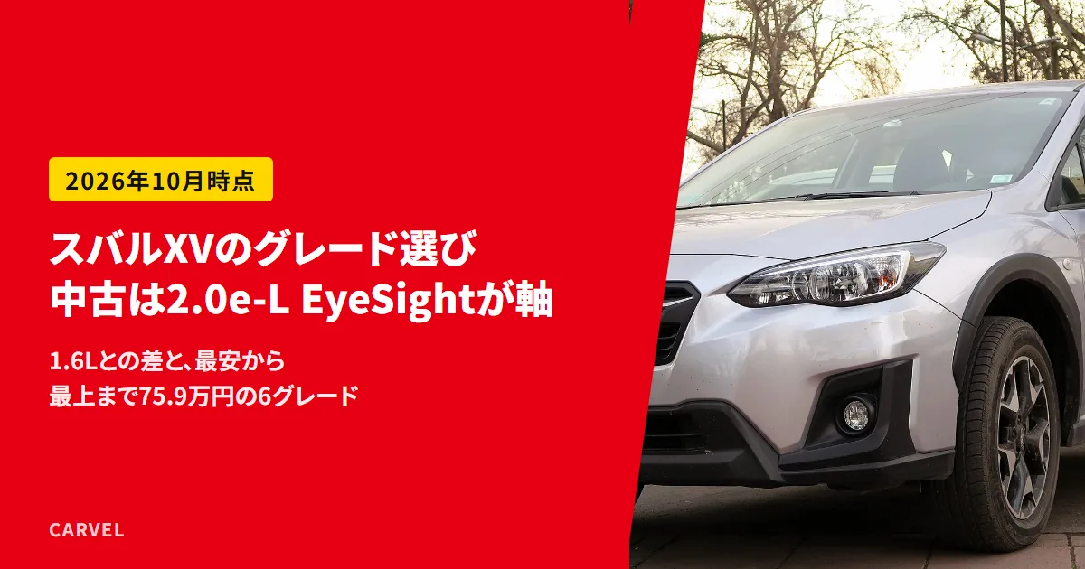 スバルXVのグレード選びをまとめた記事のアイキャッチ。シルバーのXVを斜め前から写した写真に、中古は2.0e-L EyeSightが軸、1.6Lとの差と6グレードの段差というタイトルを重ねた（2026年10月時点）