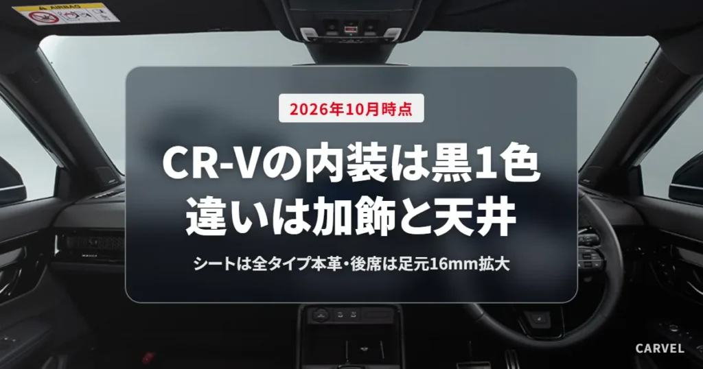 CR-V 6代目の内装は全タイプ黒の1色で、違いは加飾と天井の色（2026年10月時点）と伝える記事のアイキャッチ。黒い内装の運転席まわりと、フロントガラスの向こうに灰色のCR-Vが見える公式写真