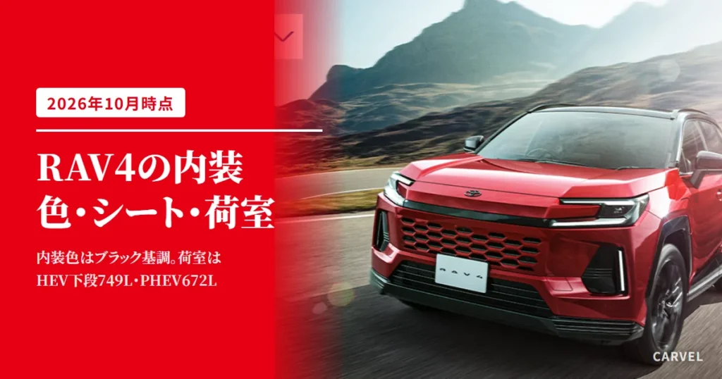 RAV4の内装を、内装色・シート表皮・コックピット・荷室容量までグレード別に整理する記事のアイキャッチ。赤いRAV4が山道を走る公式写真（トヨタ自動車公式画像）に記事タイトルを重ねた（2026年10月時点）