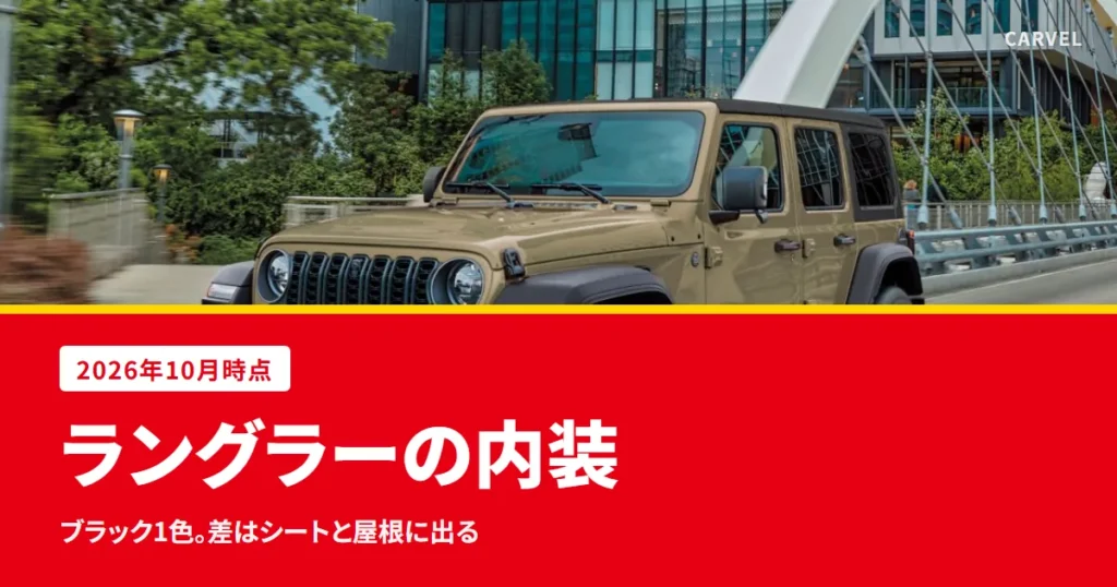 ジープ ラングラーの内装を、シート素材・画面・屋根のグレード差で見る記事のアイキャッチ。ジープ公式サイトの現行ラングラー アンリミテッドの走行写真に記事タイトルを重ねた（2026年10月時点）