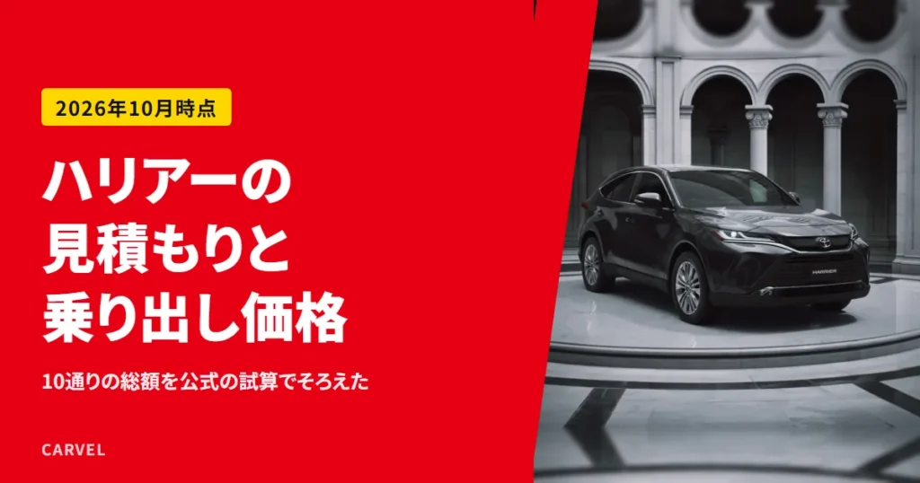 ハリアーの見積もりと乗り出し価格を、トヨタ公式の試算でそろえた10通りの総額で読み解く記事のアイキャッチ。アーチのあるホールに停まる黒いハリアーの外観写真（トヨタ自動車公式画像）の横に記事タイトルを置いた（2026年10月時点）