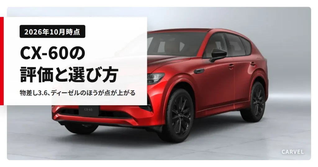 CX-60の評価を公式の数字で判定する記事のアイキャッチ。白いスタジオに置いた赤いCX-60の外観写真（マツダ公式画像）に記事タイトルを重ねた（2026年10月時点）