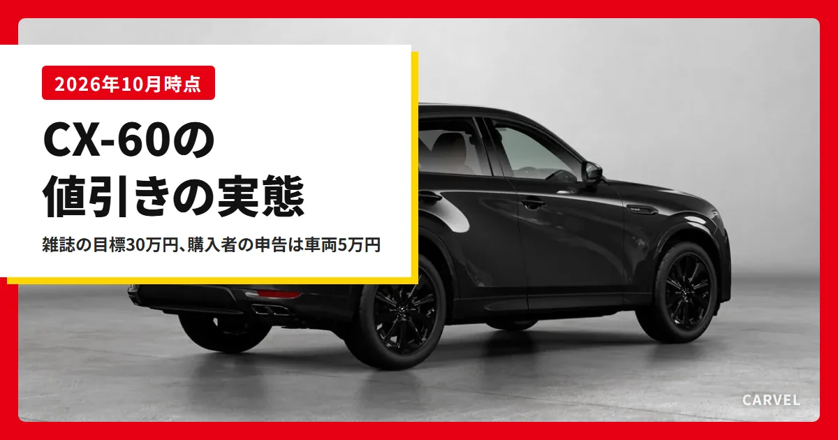 CX-60の値引きを雑誌の目標と購入者の申告で読む記事のアイキャッチ。明るい灰色の背景に置いた黒いCX-60を斜め後ろから見た外観写真（マツダ公式画像）に記事タイトルを重ねた（2026年10月時点）