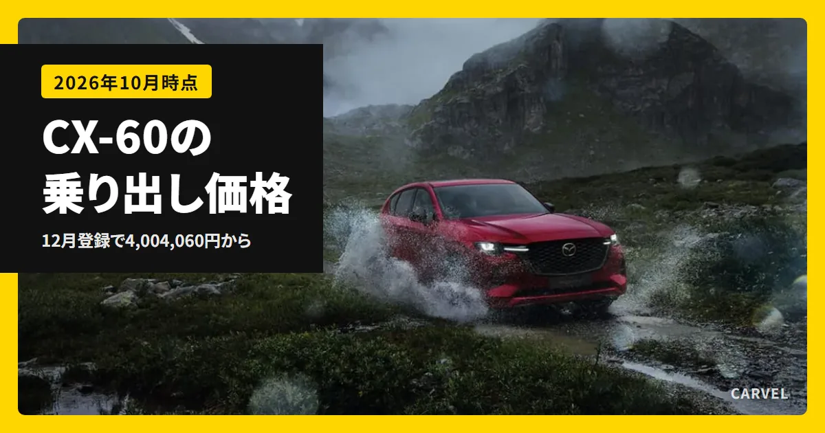 CX-60の乗り出し価格を登録の月で比べる記事のアイキャッチ。雨あがりの山道で水しぶきを上げて走る赤いCX-60の写真(マツダ公式画像)に記事タイトルを重ねた(2026年10月時点)