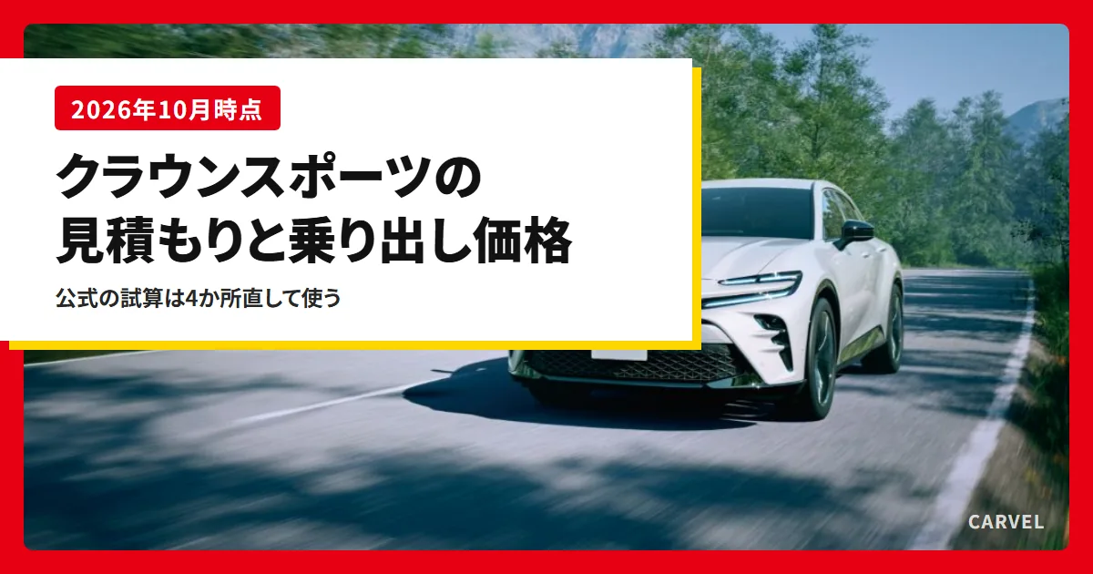 クラウンスポーツの見積もりと乗り出し価格を、トヨタ公式の試算の総額を4か所直して読み解く記事のアイキャッチ。山道を走る白いクラウン スポーツの外観写真(トヨタ自動車公式画像)に記事タイトルを重ねた(2026年10月時点)