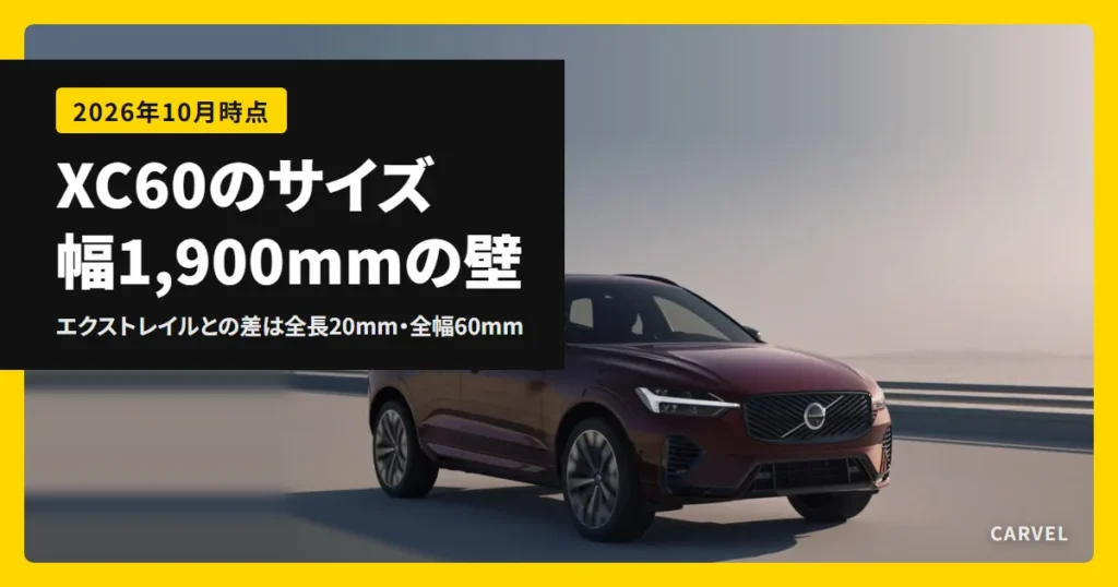 ボルボXC60のサイズを、エクストレイル・X3・Q5との差と幅1,900mmで確かめる記事のアイキャッチ。ワインレッドのXC60を斜め前から写した公式写真に記事タイトルを重ねた（2026年10月時点）