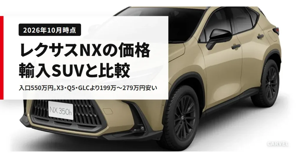 レクサスNXの価格を輸入SUVと比べる記事のアイキャッチ。白い背景に置いたベージュのレクサスNX350hの外観の公式写真（レクサス公式画像）に記事タイトルを重ねた（2026年10月時点）