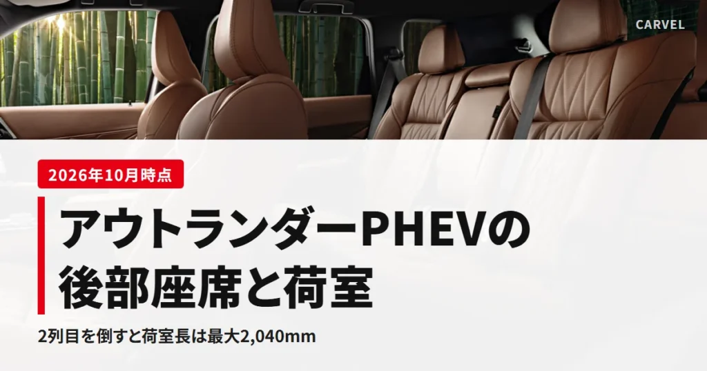アウトランダーPHEVの後部座席と荷室を解説した記事のアイキャッチ。ブラウンのレザーで統一した2列目のベンチシートを横から写した公式の室内写真に、記事タイトルと「2列目を倒すと荷室長は最大2,040mm」の一文を重ねた（2026年10月時点）