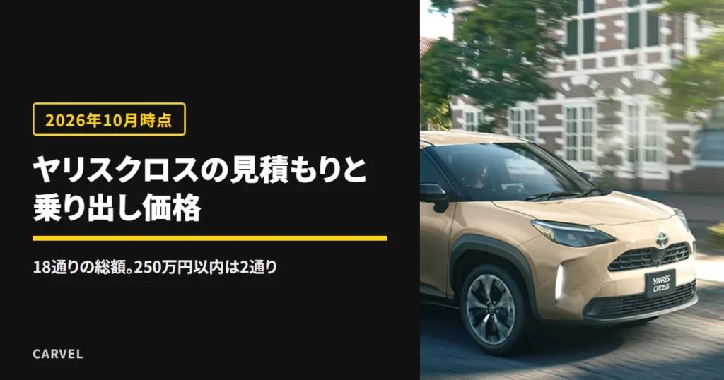 ヤリス クロスの見積もりと乗り出し価格を、トヨタ公式の試算でそろえた18通りの総額と、250万円以内に入る2通りで読み解く記事のアイキャッチ。街を走るベージュのヤリス クロスの公式写真（トヨタ自動車公式画像）に記事タイトルを添えた（2026年10月時点）