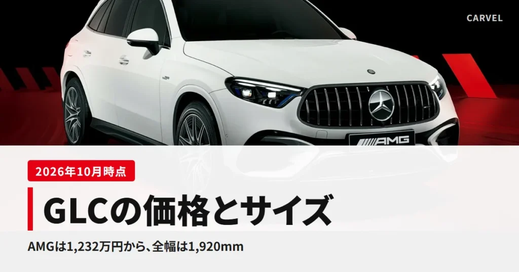 メルセデス・ベンツGLCの価格とサイズの記事のアイキャッチ。白いMercedes-AMG GLCを斜め前から写した公式写真（メルセデス・ベンツ日本の商品サイト）の下に白い帯を敷き、AMGは1,232万円から、全幅は1,920mmというタイトルを重ねた（2026年10月時点）