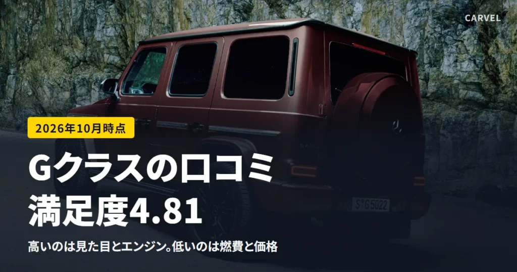 Gクラスの口コミと評価をまとめた記事のアイキャッチ。岩壁の前に停まる赤茶色のGクラスを後ろ斜めから写した外観写真（メルセデス・ベンツ日本公式画像）に、記事タイトルを重ねた（2026年10月時点）