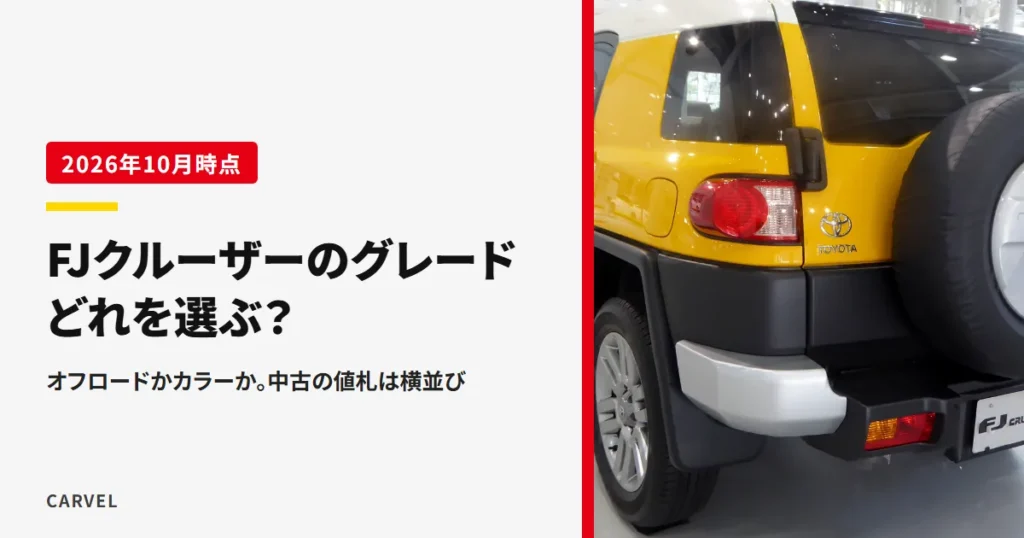 FJクルーザーのグレードの記事のアイキャッチ。黄色いボディのFJクルーザーを後ろ斜めから写し、タイトルで「どれを選ぶ？」と問う（2026年10月時点）