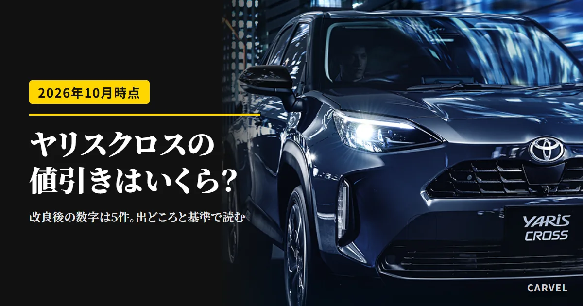 ヤリス クロスの値引きはいくらかを、メーカーの公表は無いこと・改良後の5件の数字の出どころ・自分の総額での確かめ方で読み解く記事のアイキャッチ。夜の街を走る紺色のヤリス クロスの前面の公式写真(トヨタ自動車公式画像)に記事タイトルを重ねた(2026年10月時点)