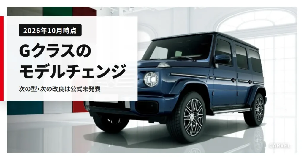 Gクラスのモデルチェンジを扱う記事のアイキャッチ。色違いのパネルが並ぶ白いショールームに停まる紺色のGクラスの外観写真（メルセデス・ベンツ日本公式画像）に、記事タイトルを重ねた（2026年10月時点）
