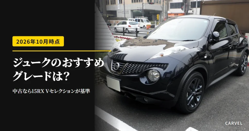 ジュークのおすすめグレードは、中古なら15RX Vセレクションが基準と伝える記事のアイキャッチ。日本仕様の初代ジューク15RX アーバンセレクション（初期型・黒）の写真に記事の答えを重ねた（2026年10月時点）