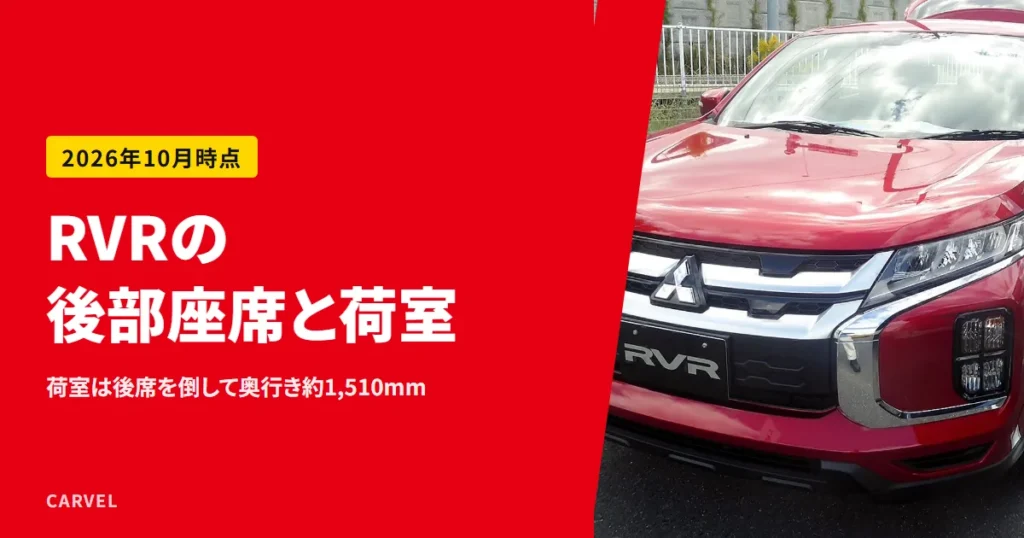 三菱RVRの後部座席と荷室の記事のアイキャッチ。赤いRVR G（2019年8月以降の顔）を正面斜め前から見た写真（Wikimedia Commons・CC BY-SA 4.0の縮小・切り抜き）に記事タイトルを重ねた（2026年10月時点）