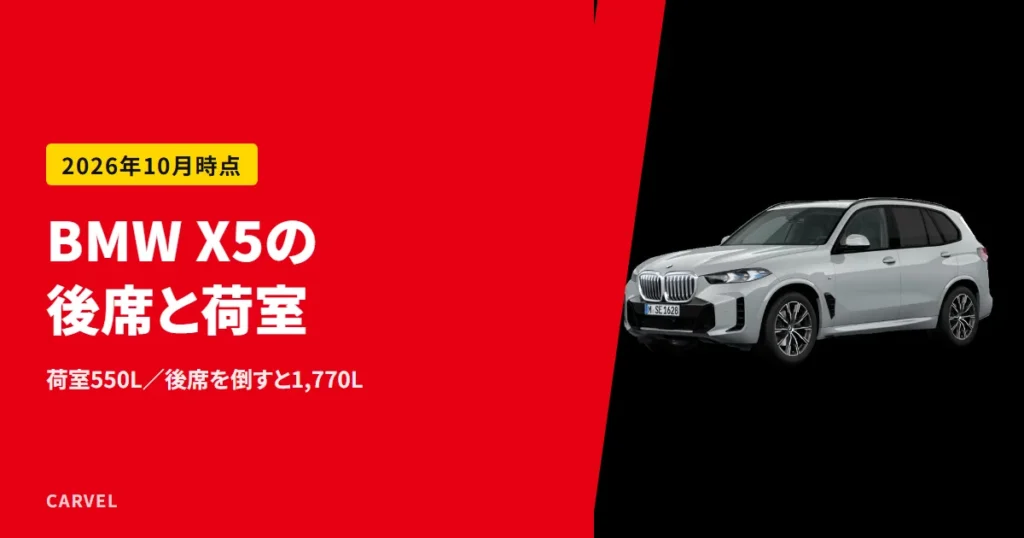 BMW X5の後席と荷室を解説する記事のアイキャッチ。黒い背景に浮かぶ灰色のX5を前斜めから写した公式写真に、記事タイトルを重ねた（2026年10月時点）