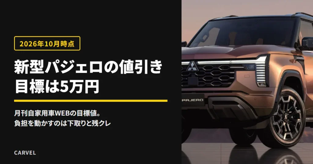 新型パジェロの写真に、値引きは月刊自家用車WEBの目標で5万円と書いたアイキャッチ。2026年10月時点
