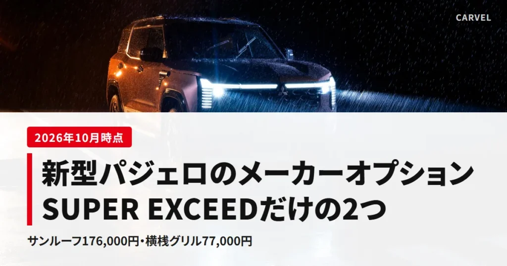 夜の雨の中でライトを点けた新型パジェロの公式写真に、メーカーオプションはSUPER EXCEEDだけの2つ、サンルーフは176,000円と重ねたアイキャッチ