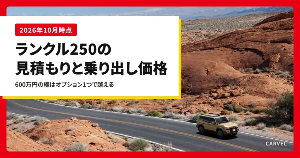 ランクル250の見積もりと乗り出し価格を、600万円の線で確かめる記事のアイキャッチ。赤い岩山の曲がりくねった道を走る金色のランドクルーザー“250”の公式写真（トヨタ自動車公式画像）に記事タイトルを重ねた（2026年10月時点）