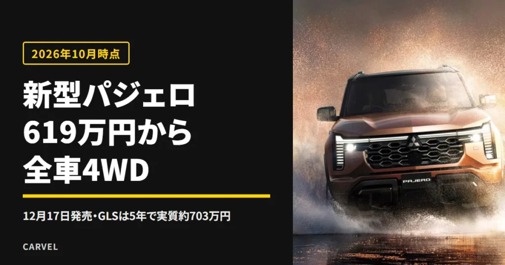 新型パジェロが水しぶきを上げて走る写真に、新型パジェロ 619万円から 全車4WD と書いたアイキャッチ