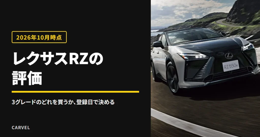 レクサスRZの評価の記事のアイキャッチ。海沿いのカーブを走るレクサスRZ550e F SPORTを正面から見た外観写真（レクサス公式画像）に記事タイトルを重ねた（2026年10月時点）