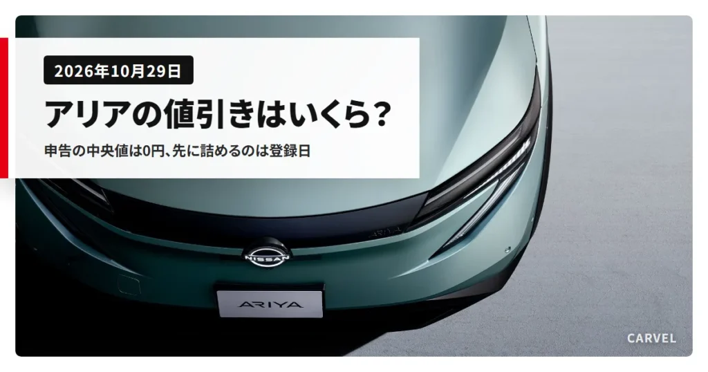 アリアの値引きと、登録日で変わる補助金を並べる記事のアイキャッチ。淡い青緑のアリアのフロントまわりの外観写真（日産公式画像）に記事タイトルを重ねた（2026年10月時点）