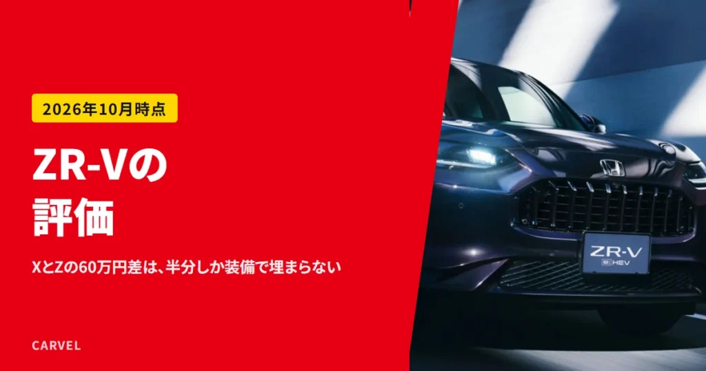 ホンダ ZR-Vの評価の記事のアイキャッチ。トンネルの中を走る濃い紫のZR-Vの顔まわりを斜め前から写した公式写真に、記事のタイトルを重ねた（2026年10月時点）