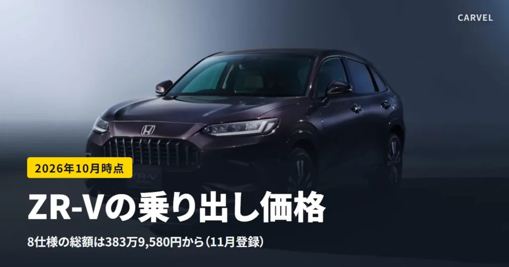 ホンダ ZR-Vの乗り出し価格の記事のアイキャッチ。暗いスタジオに置かれた濃い紫のZR-Vを斜め前から写した公式写真に、記事のタイトルを重ねた（2026年10月時点）