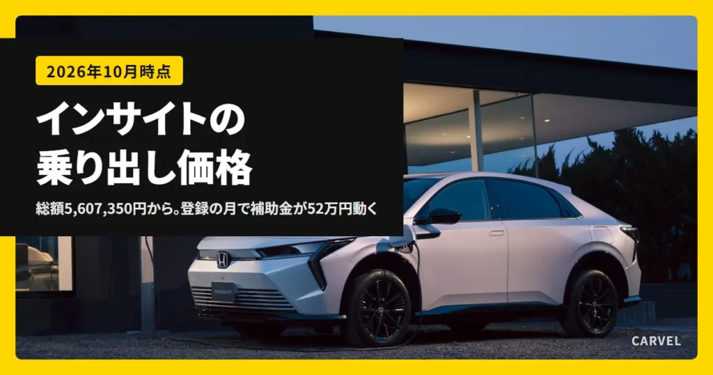 ホンダ インサイトの乗り出し価格の記事のアイキャッチ。夕暮れの家の前で充電器のそばに止まる白いインサイトの公式写真に、記事のタイトルを重ねた（2026年10月時点）