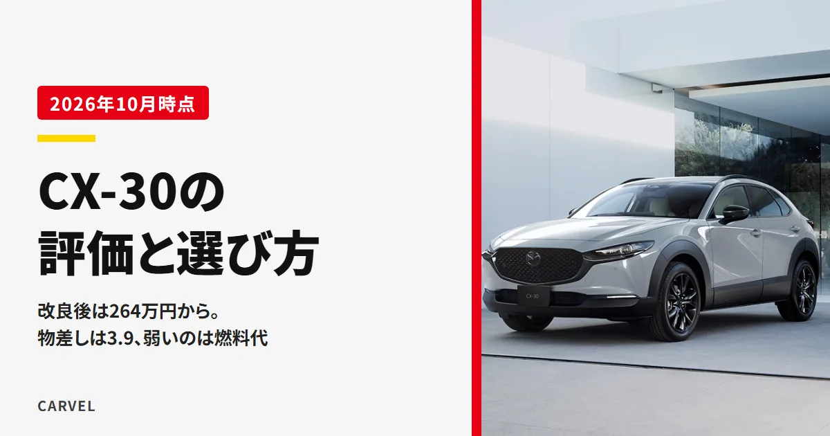 マツダ CX-30の評価とグレードの選び方の記事のアイキャッチ。白い壁とガラスの建物の前に止まる銀色のCX-30を左斜め前から写した公式写真に、記事のタイトルを重ねた(2026年10月時点)