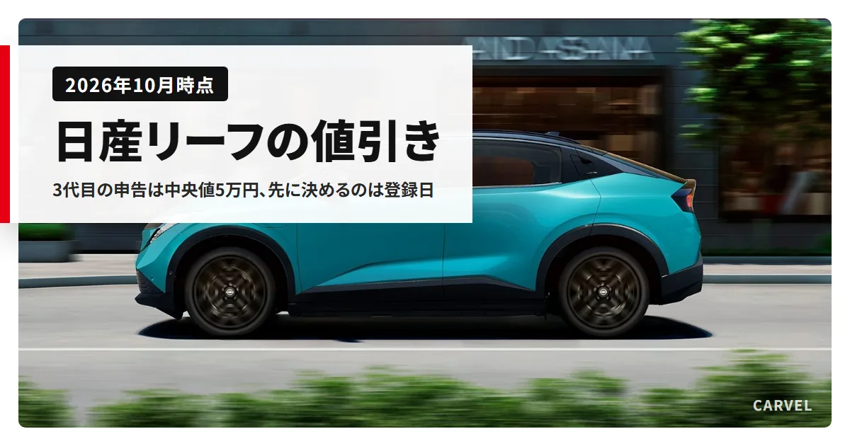 日産リーフの値引きの記事のアイキャッチ。街の通りを走るターコイズのリーフを真横から写した公式写真に、記事のタイトルを重ねた(2026年10月時点)
