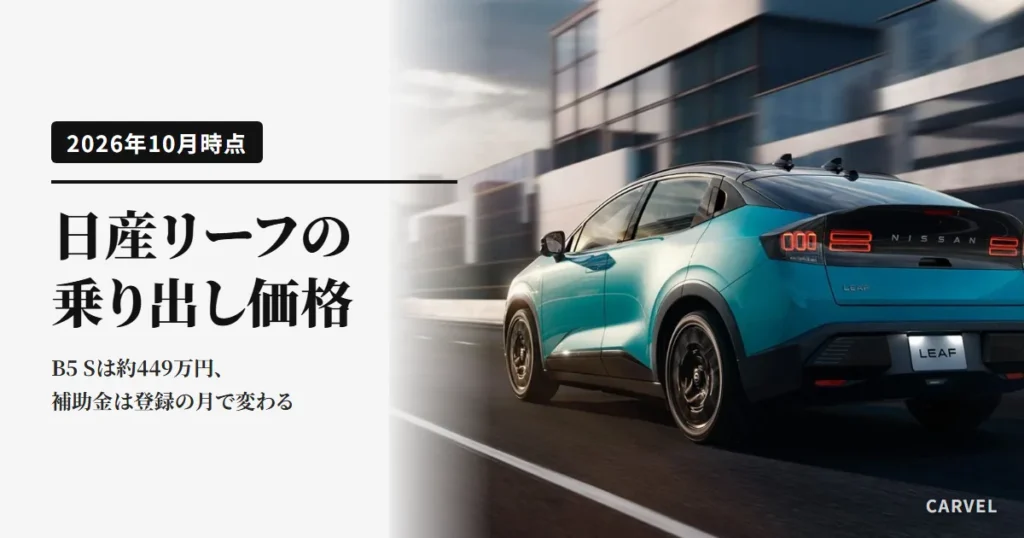 日産リーフの乗り出し価格の記事のアイキャッチ。ビルの並ぶ道を走るターコイズのリーフを右斜め後ろから写した公式写真に、記事のタイトルを重ねた（2026年10月時点）