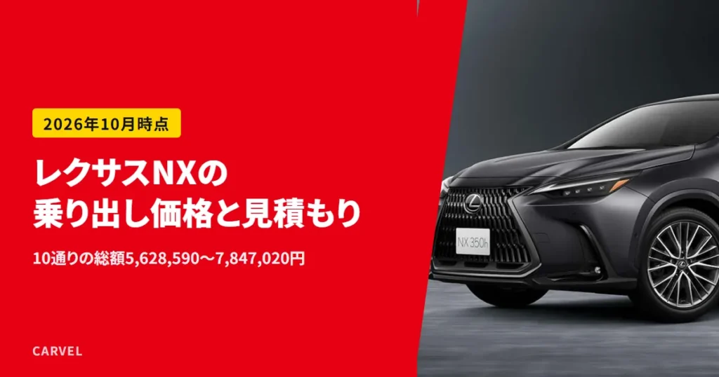 レクサスNXの乗り出し価格を、10通りの総額で確かめる記事のアイキャッチ。暗いグレーの背景に立つ濃いグレーのレクサスNX350hの公式写真（レクサス公式画像）に記事タイトルを重ねた（2026年10月時点）