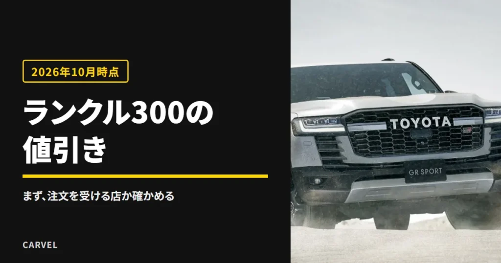 ランクル300の値引きを、トヨタの公表の有無と販売会社の表示から確かめる記事のアイキャッチ。砂地に立つランドクルーザー“300”GR SPORTの外観写真（トヨタ自動車公式画像）に記事タイトルを重ねた（2026年10月時点）