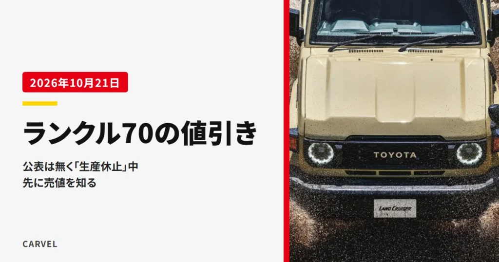 ランクル70の値引きを確かめる記事のアイキャッチ。泥をはね上げる悪路を、やや上から見たランドクルーザー70の正面の写真（トヨタ自動車公式画像）に記事タイトルを重ねた