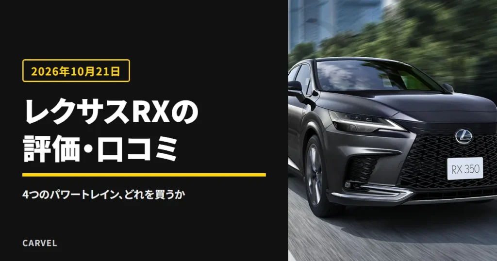 レクサスRXの評価・口コミを、公式の数字で判定する記事のアイキャッチ。ビルの並ぶ道路を走るレクサスRX350の外観写真（レクサス公式画像）に記事タイトルを重ねた