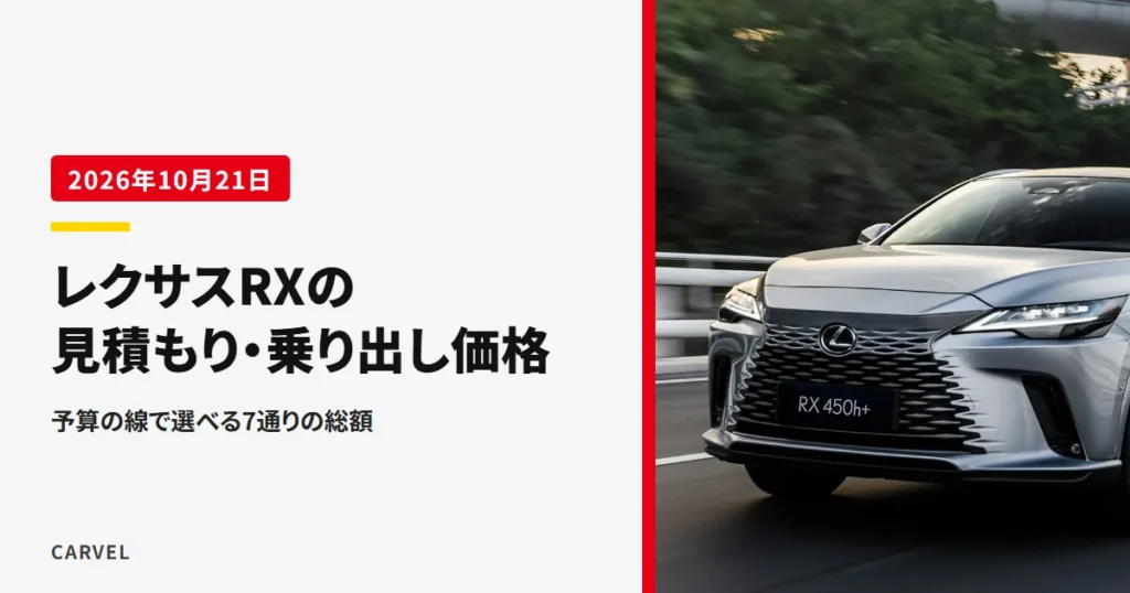 レクサスRXの見積もりと乗り出し価格を確かめる記事のアイキャッチ。高架の下の道路を走るシルバーのレクサスRX450h+の外観写真（レクサス公式画像）に記事タイトルを重ねた