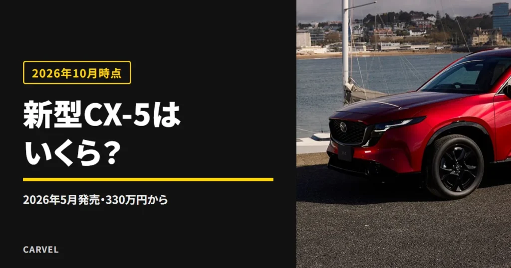 新型CX-5の発売日と価格を扱う記事のアイキャッチ。港の岸壁に停まった赤い新型CX-5（3代目）の外観写真（マツダ公式画像）に記事タイトルを重ねた（2026年10月時点）